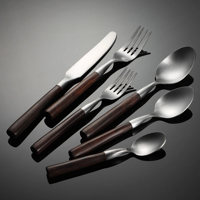 Stainless Steel Cutlery Set Imitation Wooden Handle Sliver Western Dinner Knife Forks Spoon Table Decoration Accessories