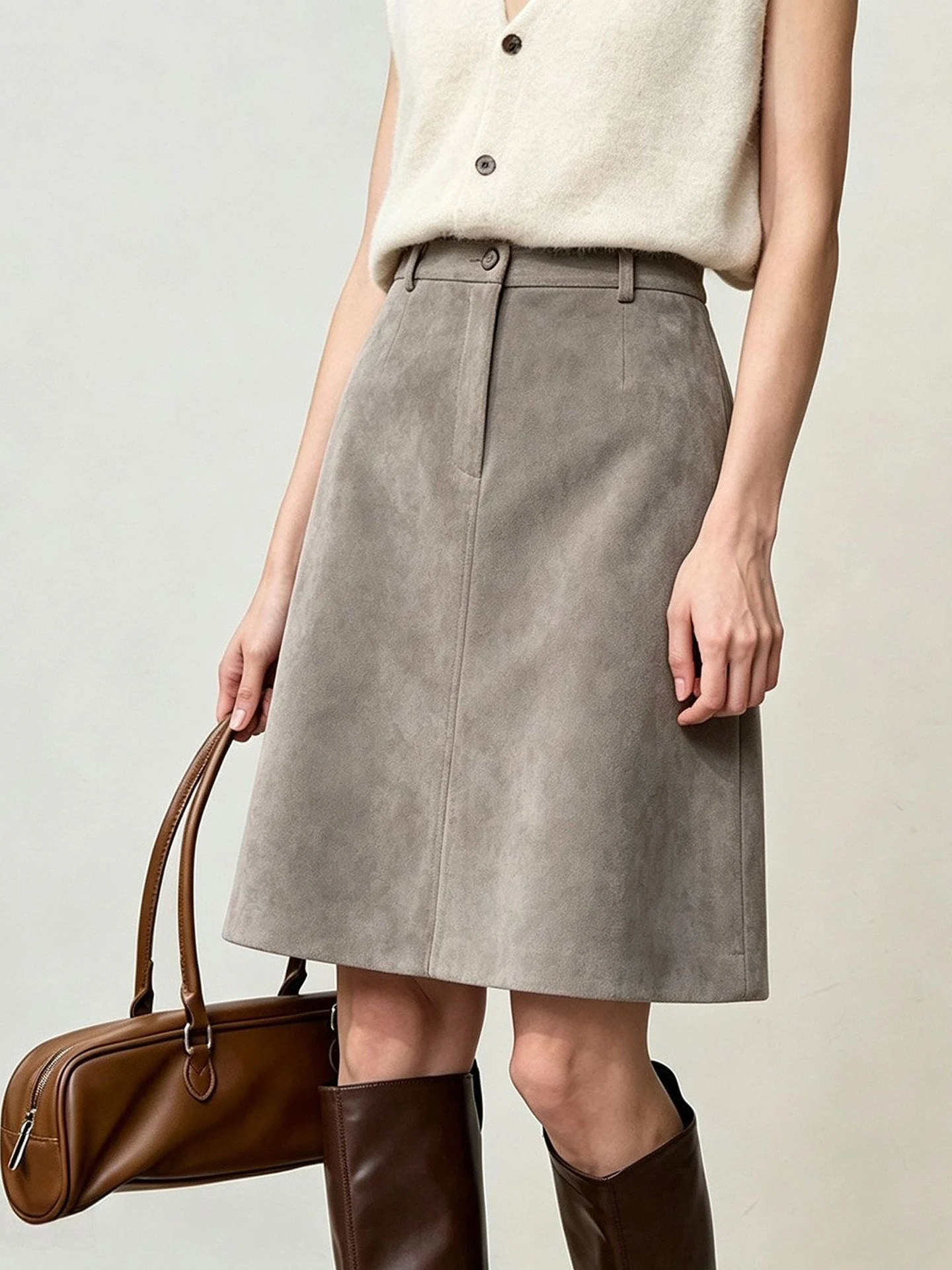 Gray Fashionable Suede  Skirt Women's High Waist Slimming A-Line Skirt Versatile Commute Style Non-Stretch High Waist