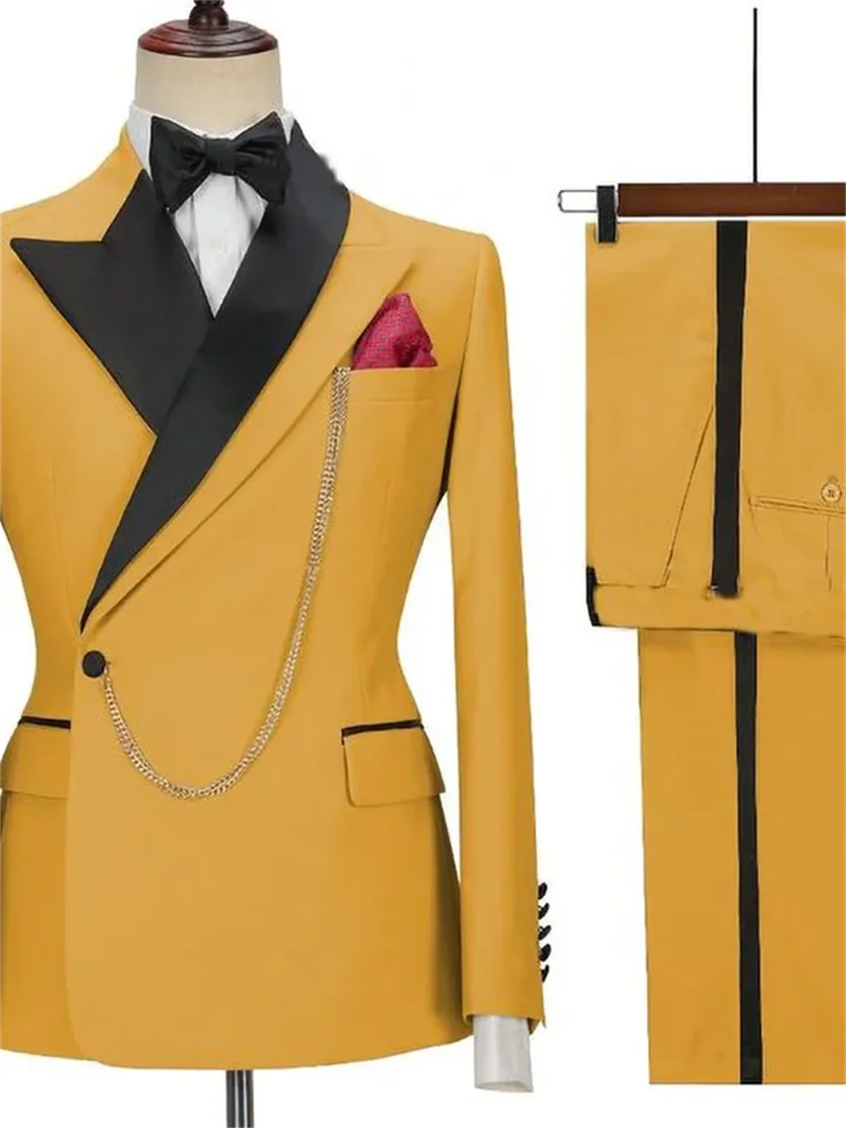 

New 2 Piece Yellow Men Suits Latest Design Lapel One Button Casual Slim Male Suit Business Wedding Groom Elegant Blazer Pants