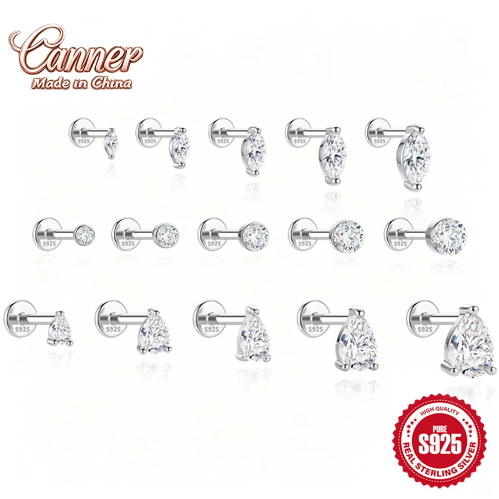 CANNER 925 Sterling Silver 2/3/4/5/6 /7mm Moissanite Classic Flat Head Stud Earring Piercings Mini Luxury Jewelry Gift For Women
