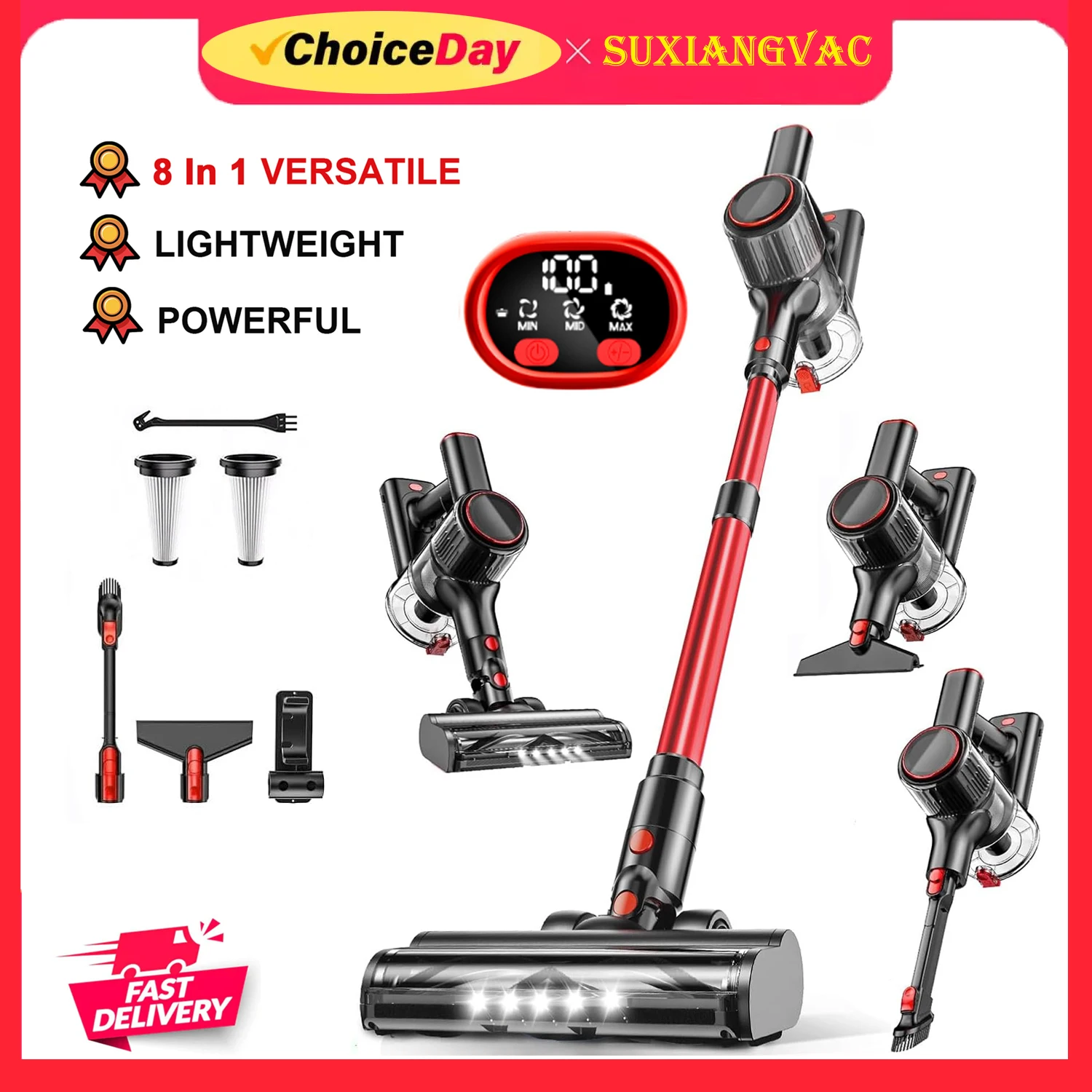 مكنسة كهربائية لاسلكية 8 في 1 40 كيلو باسكال 45 دقيقة تعمل باليد مع شاشة LED للسجاد/الأرضيات الصلبة/السيارة/شعر الحيوانات الأليفة