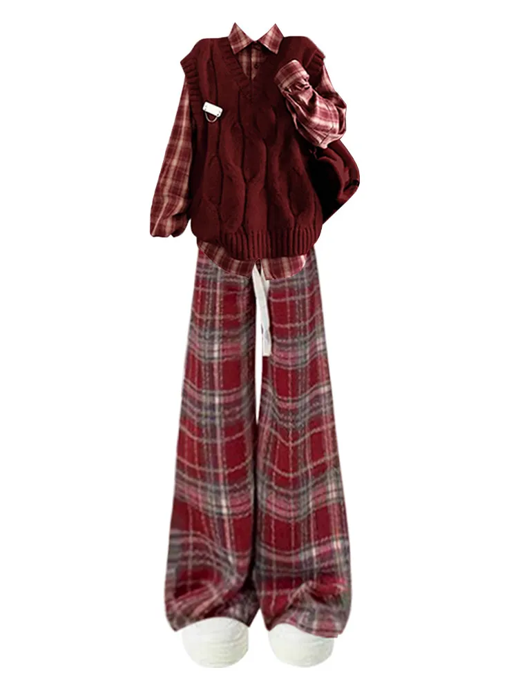 Autumn Winter Vintage Knitted Vest And irt Casual Pants Set Women's Anti-Aging Ensemble High Waist Trousers Long Sve rou...