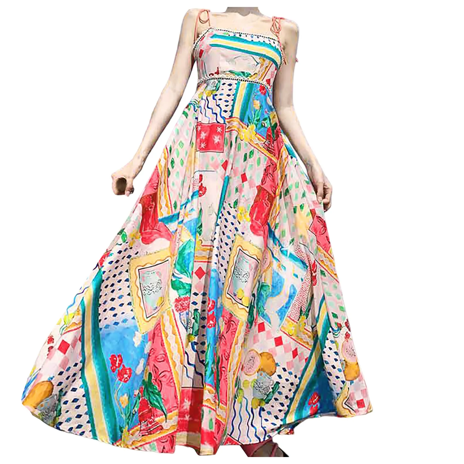 Frauen Bunte Print Boho Kleid Sexy A-Line Big Swing Rückenfreie Ärmel Sling Kleider Robe Mode Strand Urlaub Kleid