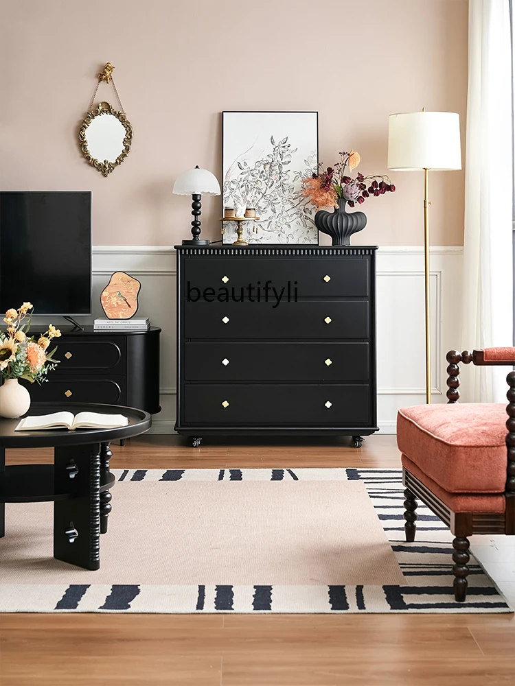 

Retro, living room mobile drawer cabinet, bedroom against the wall, American medieval solid wood black bedside cabinet