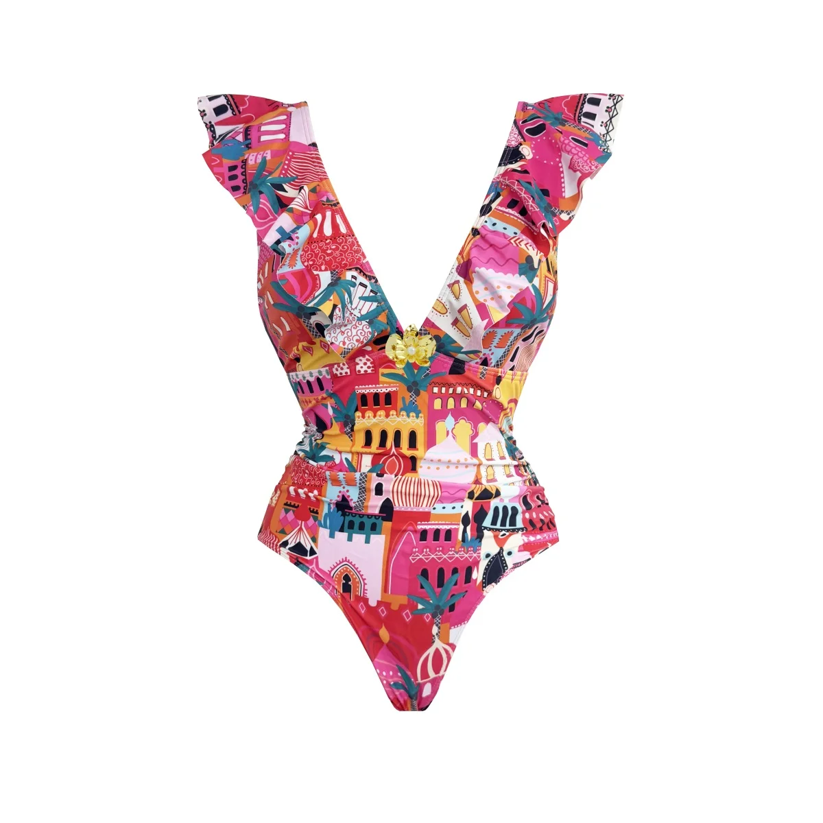 Ruffle One Piece Swimsuit Women Sexy Bikini Female Bandeau Biquini Push Up Swimwear Shiny Button Bathing Suits Deep V Beachwear