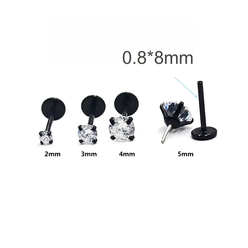 20G 0.8*Length 8mm 316 Stainless Steel Flat No Fade Classical Push-up Stud Earrings 2 3 4 5mm AAA Clear Zircons