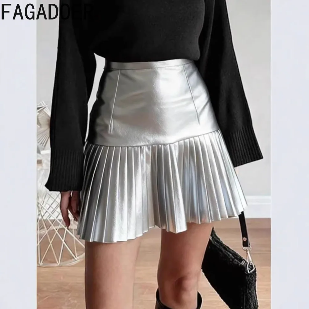 Jupe plissée moulante en cuir patchwork FAGADOER, jupe trapèze taille haute unie pour femme, bas de vêtements streetwear