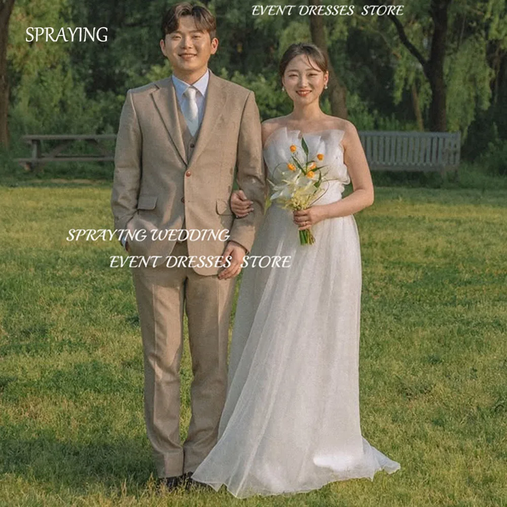 

SPRAYING Elegant A line Wedding Dress Korea Photo Shoot Strapless Pleat Organza Corset Bridal Gown Floor Length 웨딩드레스 Customized
