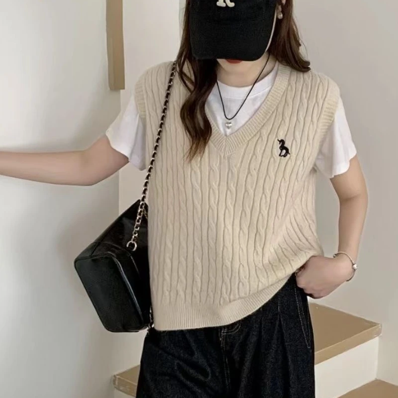 Suéter con cuello en V para mujer, chaleco liso sin mangas estilo Preppy, chaleco de punto dulce, Jersey informal para mujer, chaleco para Otoño e Invierno