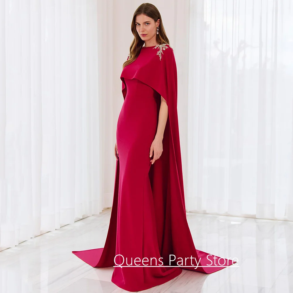 New Mother of The Bride Dress with Cape Customized Round Neck Sleeveless Beading Stones Sweep Train Mermaid Evening Gown