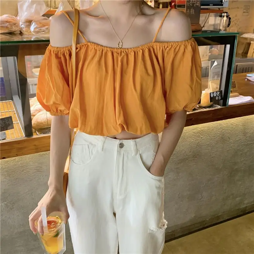 Women's Shirts and Blouses Open Back Top for Woman Linen Clothing Yellow Off Shoulder Chiffon with Sleeves Aesthetic M Youthful