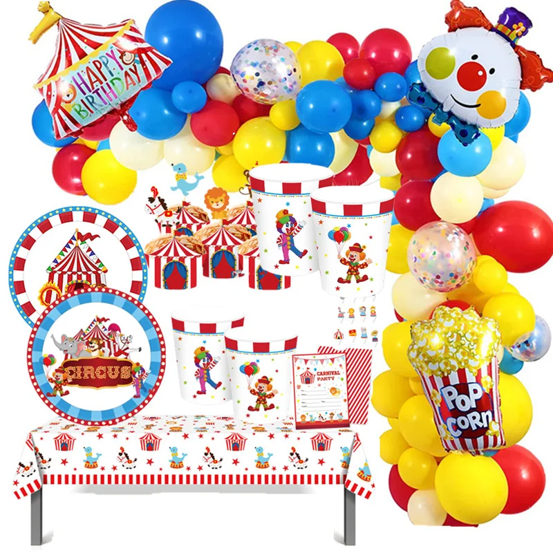 Decorações de festa de aniversário com tema de circo, copos de papel descartáveis, pratos, banner, balões de palhaço de circo, suprimentos para festa de chá de bebê
