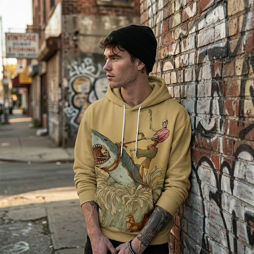 

WIFRU New Skull Shark Rider Print Hoodie 2026 Spring Autumn Streetwear Hip Hoodie Men's and Women's Fashionable Casual Pullover