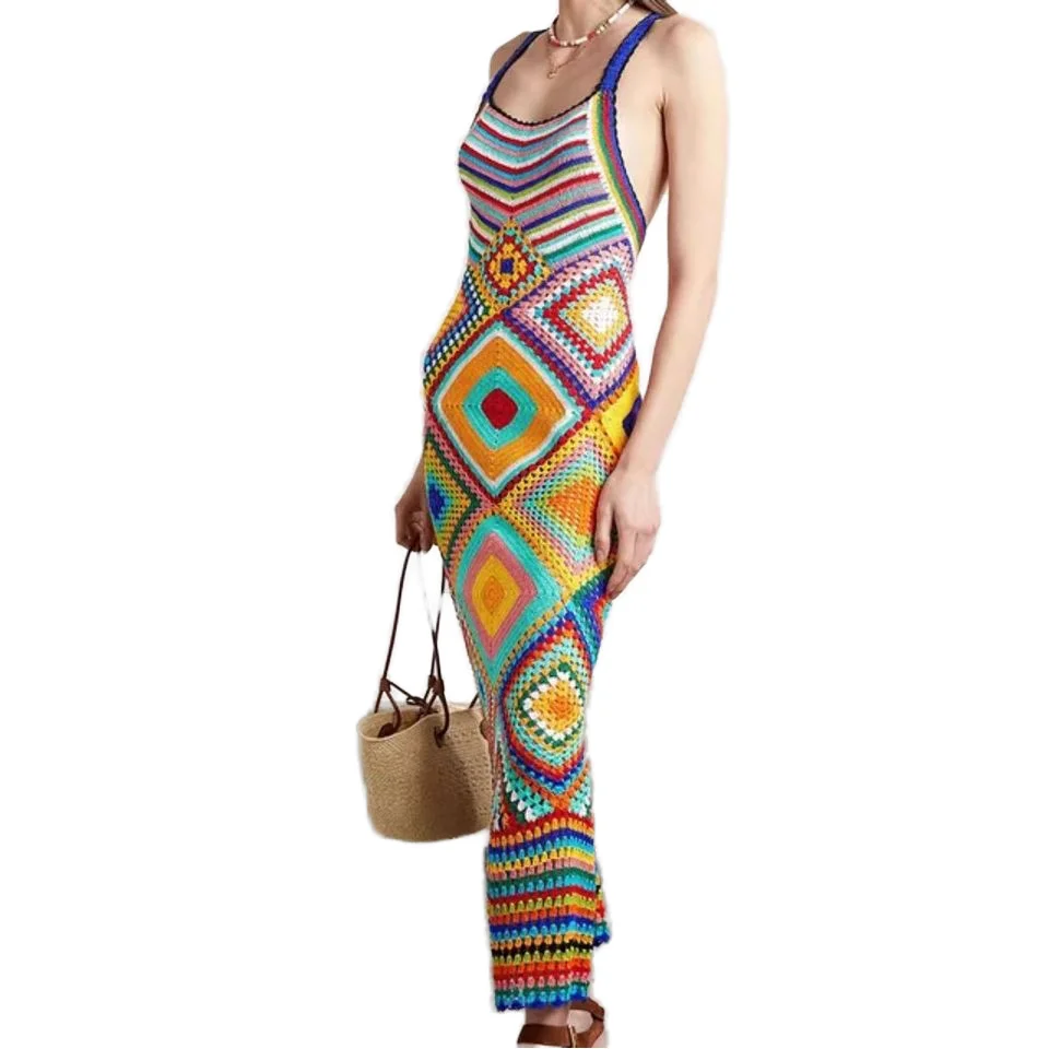 

Custom Summer Handmade Knit Maxi Dress Women's Casual Beach Cover up with Natural Waistline Simple Fashion Element