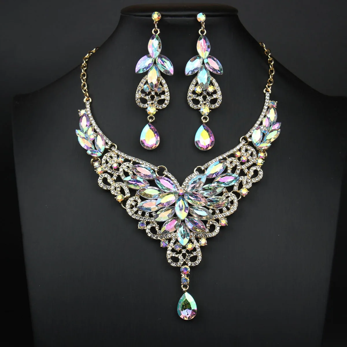 

DIY accessories Cross-border European and American exaggerated crystal gemstone necklace earrings set bridal banquet dress women