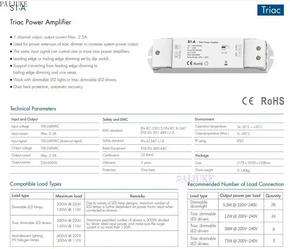Skydance Triac Power Amplifier S1-A 1CH*2.5A 100-240VAC  Max. 2.5A Can Control One or More Triac Power Amplifiers