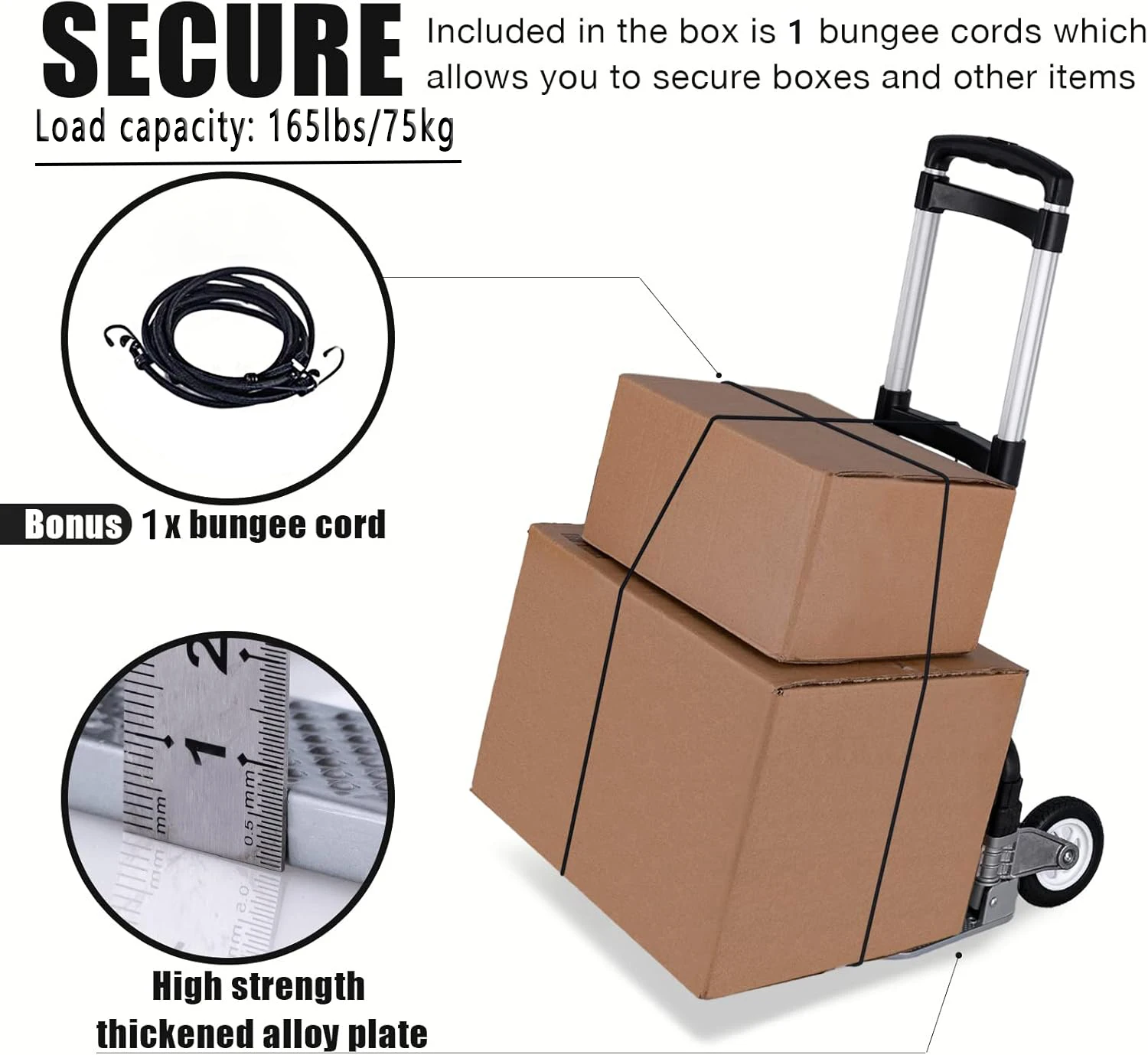 عربة أمتعة ألومنيوم شاحنة يدوية قابلة للطي، تحميل 165 رطلاً، مع سلك بنجي، مقبض تصغير، تعليق عجلة ألومنيوم صلب