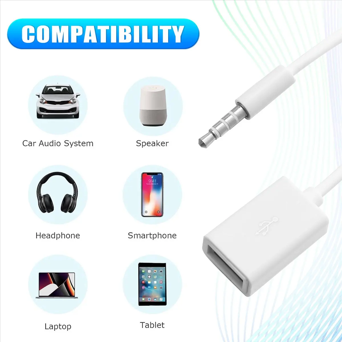 (A89Z) Conector de audio AUX macho de 3,5 mm a USB 2,0 hembra, cable convertidor para coche, MP3, para teléfonos inteligentes y celulares
