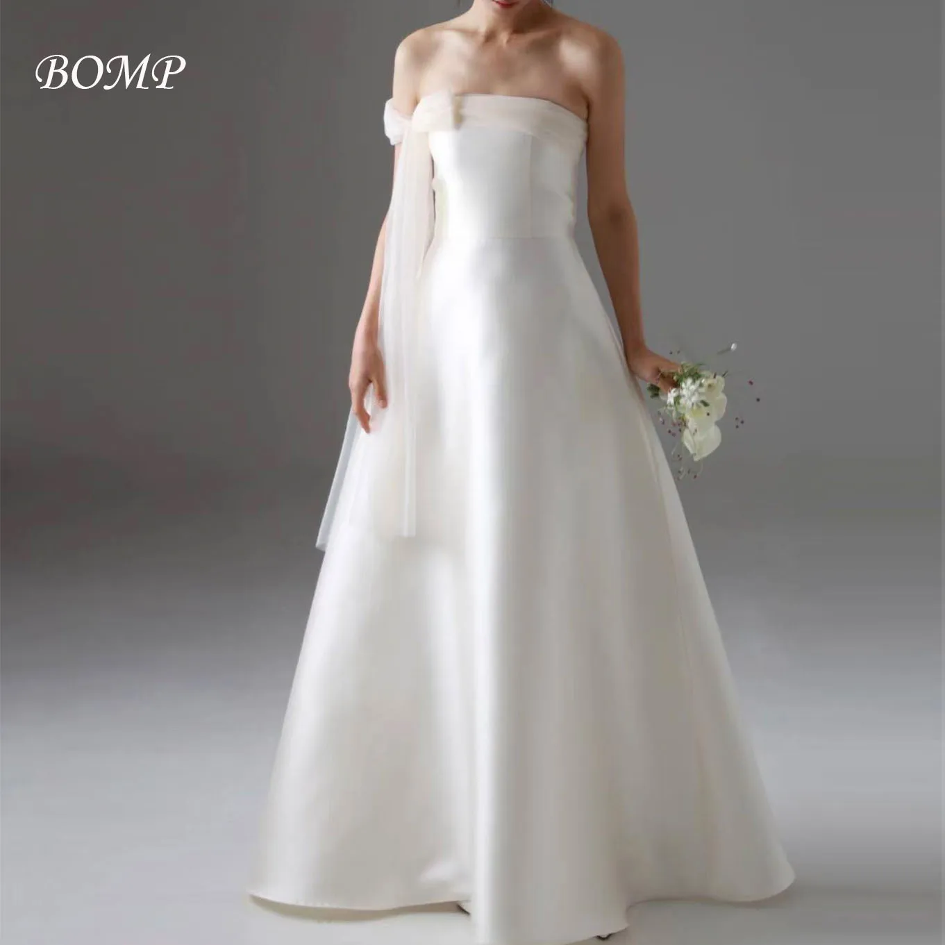 

BOMP Dreaming Korea Wedding Party Dress with Ribbon Ivory Satin A-Line Photo Shoot Bridal Reception Gown Customized 웨딩드레스