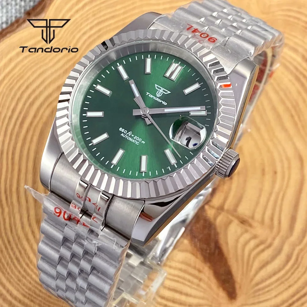 Tandorio NH35A 39mm/36mm Relógio Automático Masculino de Aço Inoxidável 316L Data Safira Relógios Mecânicos Sunburst Moldura Canelada Lume