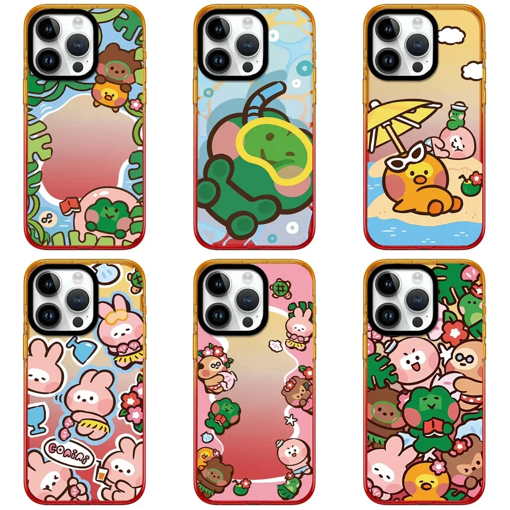 Cartoon Vacation Animals 2.5 Acrylic Peach Gradient Border Cartoon Phone Case Cover for IPhone 12 13 14 15 Pro Max Case