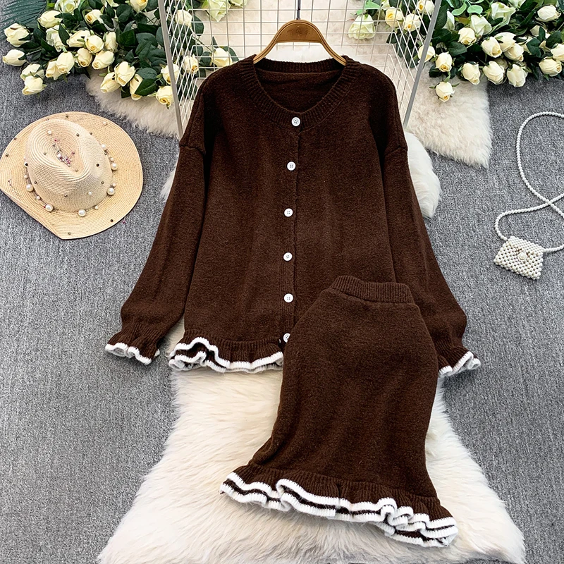 気質のあるカラーブロックニットのフリル付きラウンドネックカーディガンジャケット+ハイウエストスリムフィッシュテールハーフスカートセット