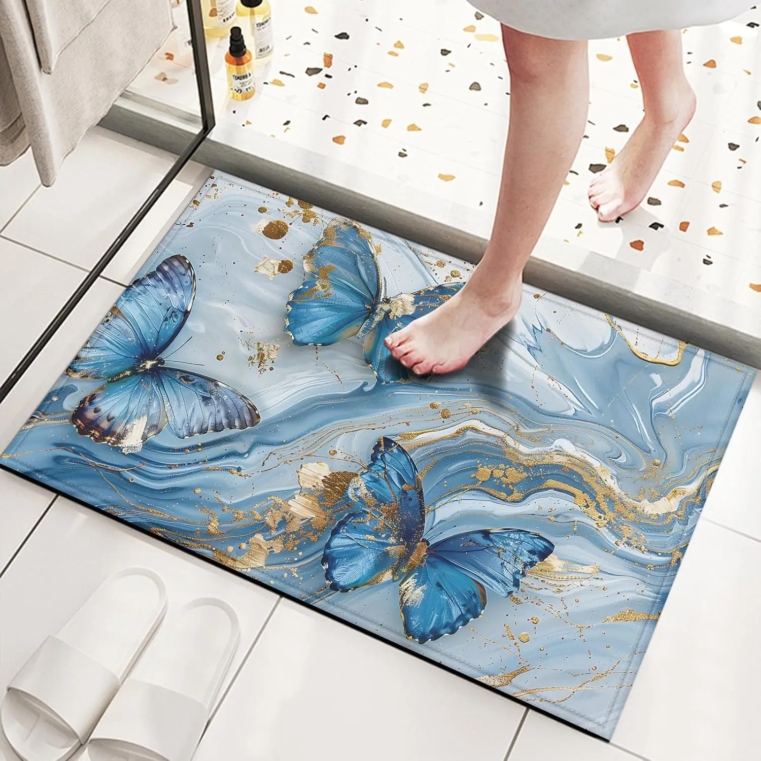

Мраморный коврик с синими золотыми бабочками для входной двери, домашний напольный коврик, коврики для прихожей, улицы, кухни, ванной комнаты