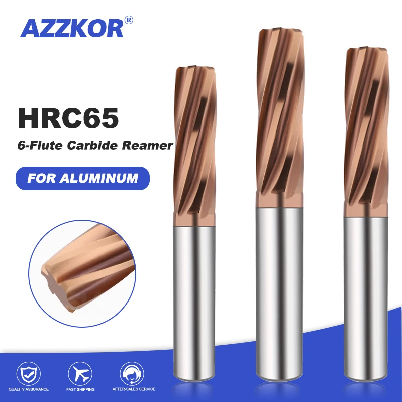 AZZKOR Carbide Machine Reamer Coated Spiral Flutes H7 Tolerance Precision Chucking Hardened Steel 6 Flutes For Metal HRC65