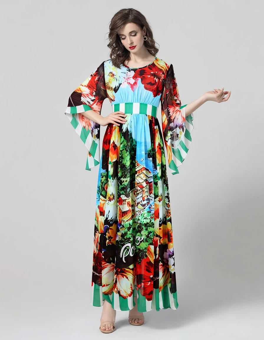 فستان نسائي طويل بطبعات زهور وناظر طبيعية خلابة - رقبة على شكل حرف V، أكمام جرس متدفقة صيفية بوهو بيتش فيستدوس