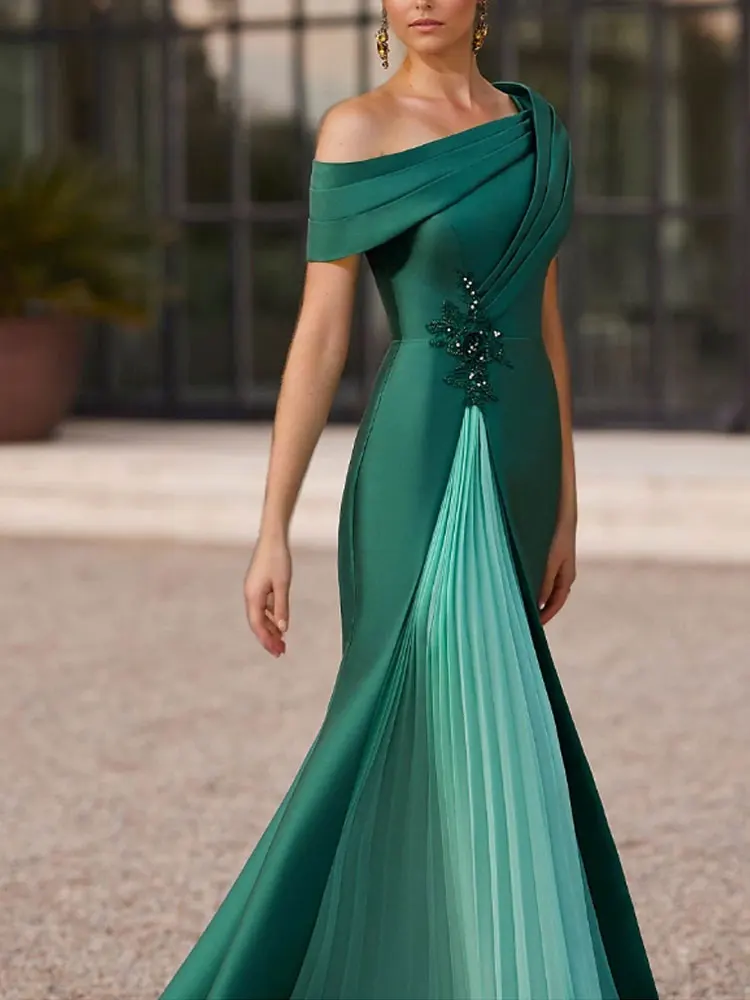 Elegant Dress Evening Gown Wedding Floor Length Short Sleeve One Shoulder Mother Of the Bride Dress Satin with Slit Appliques