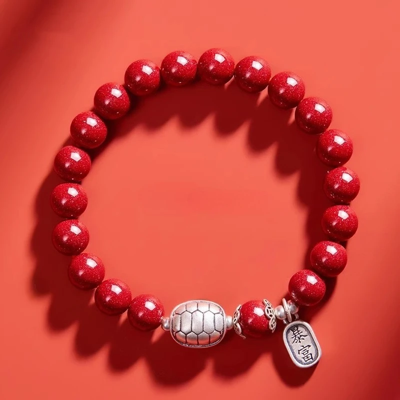 Genuine Natural Cinnabar Bracelet Women Men 999 Fine Silver Turtle Shell Fortune Chinese Traditional Style Handmade Jewelry Gift