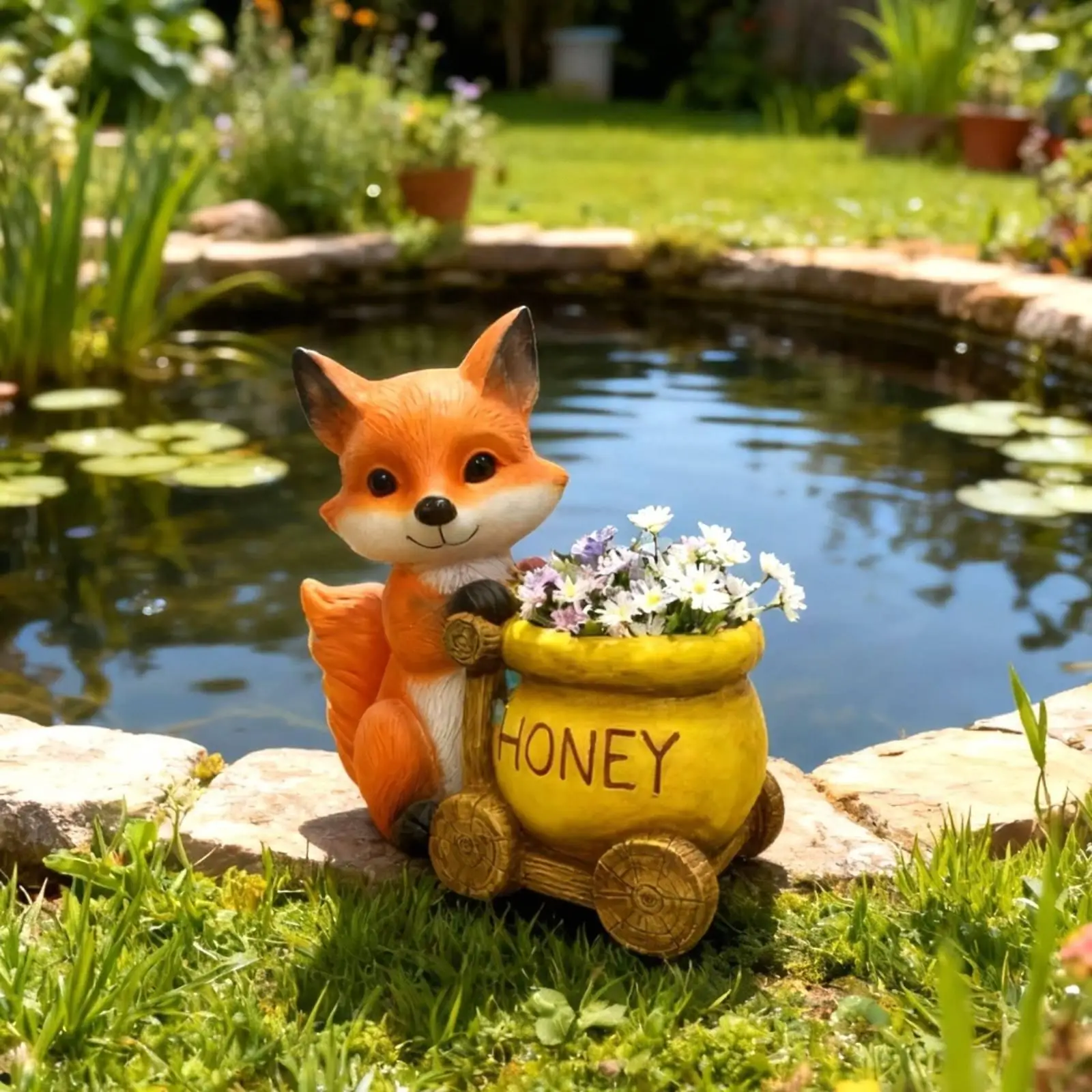 Decorative Flowerpot Oxide Cute Planter Figure with Honey Print Storybook Style Accent for Home Garden Display