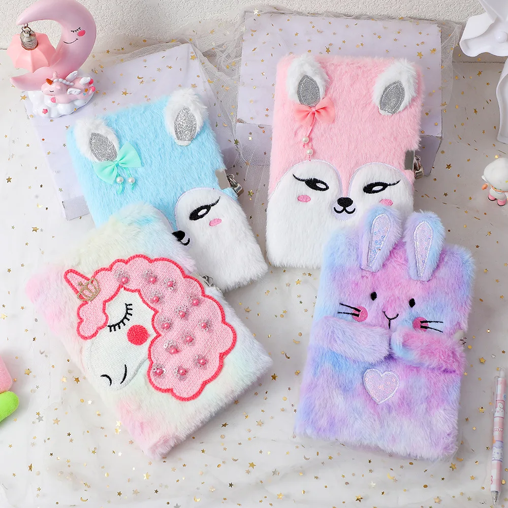 CHEN LIN Kawaii Cartoon Foxes Unicorn Plush Diary Book Notebook Portable Notepad Planner Agenda Book Journal School Supplies