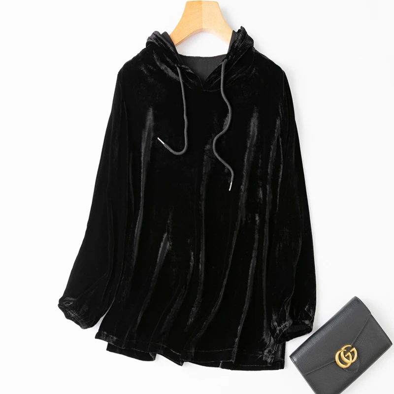 Women 100% Mulberry Silk Velvet Solid Black Loose Type long sleeve sweatshirt Hoodie Blouse Top Shirt MN903