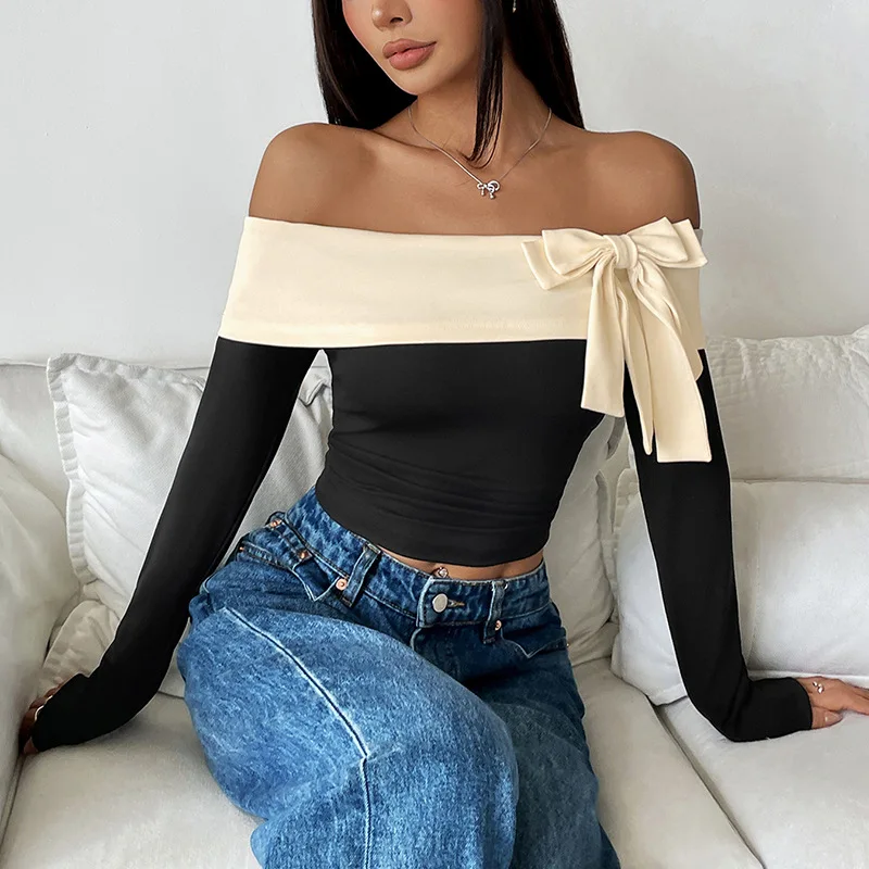 Women Fashion Cropped Top Long Sleeve Off Shoulder One Neck Bow Print T-Shirt Casual Daily Office Work Relaxed Fit  Minimalist