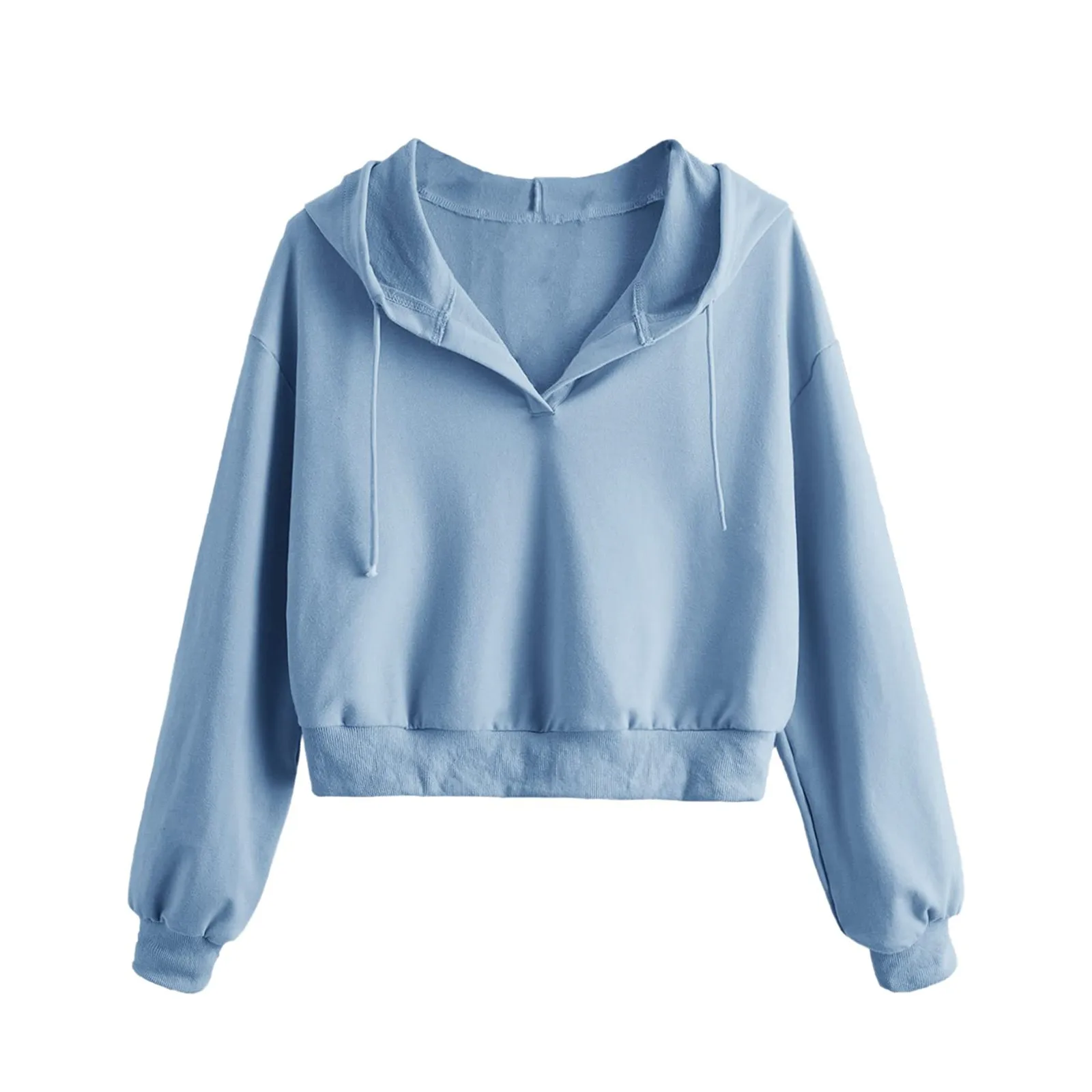 Solid Color V-Neck Hoodie For Women Drawstring Soft Sweatshirt For Ladies Loose Long Sleeve Top Casual Female Tops Autumn