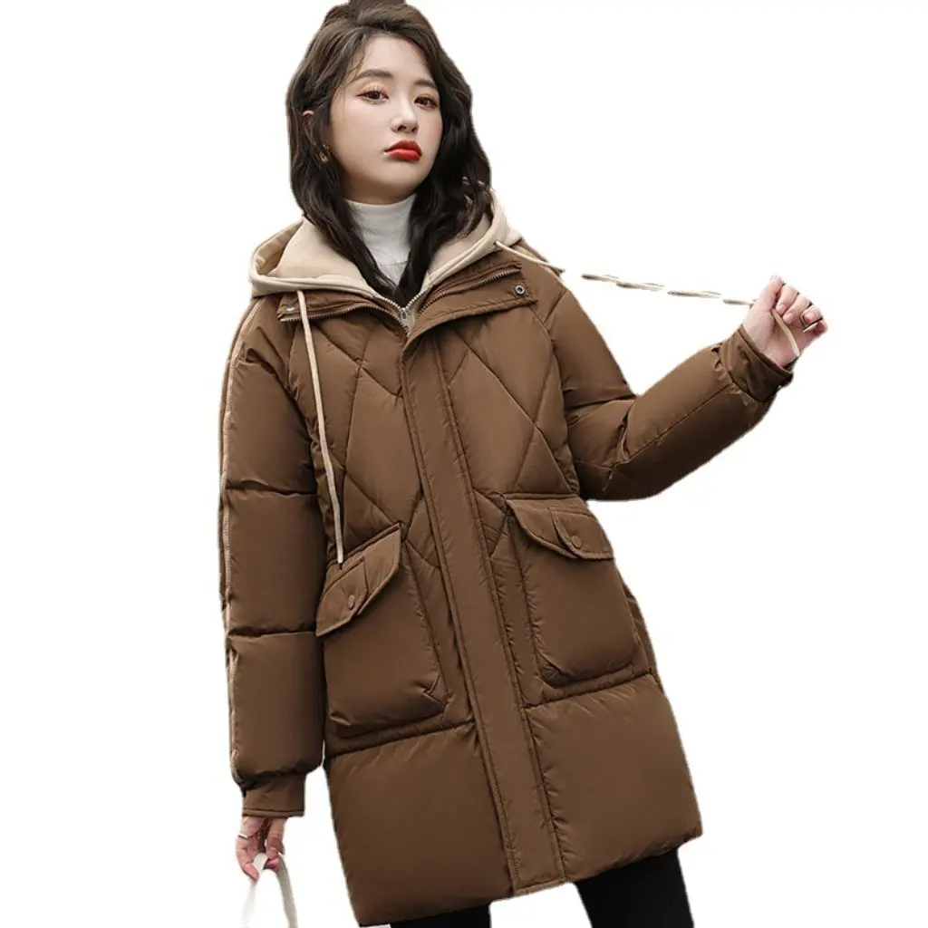 

Women's Korean Style Casual Cardigan Mid-Length down Cotton-Padded Jacket with Contrast Hat Striped Two-Piece Large Size Top