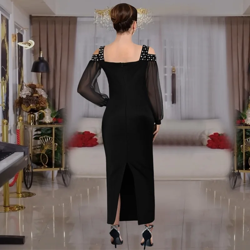 KEXU Damen Mesh Langarm Diamanten Hot Strass Cut Out Shoulder Bodycon Midi Maxi Langes Kleid und Tank-Innenkleider