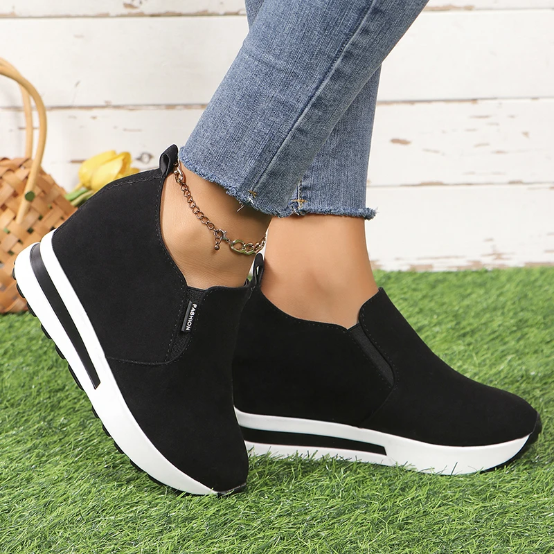 Black Women Casual Shoes Platform Wedge Women Fashion Sneakers Women Summer Shoes Slip On Loafers Vulcanize Shoes