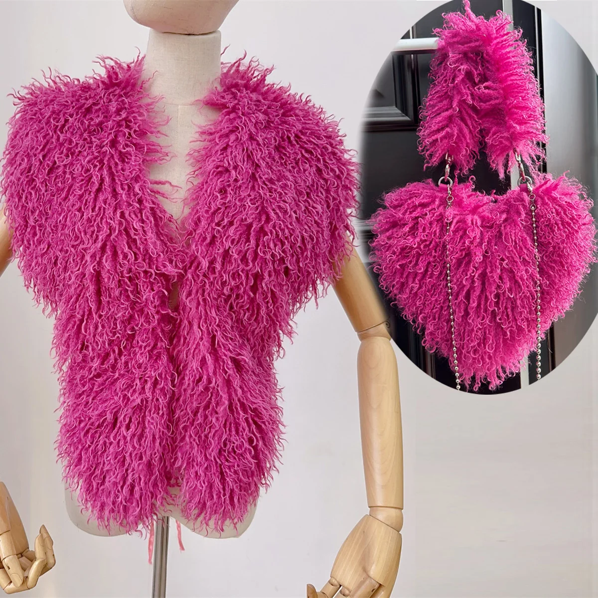 2025 Primavera/Novedad de verano Chaleco de piel de imitación de oveja de playa Sexy grande espalda abierta cuello colgante Top de piel mongol abrigo de piel sintética