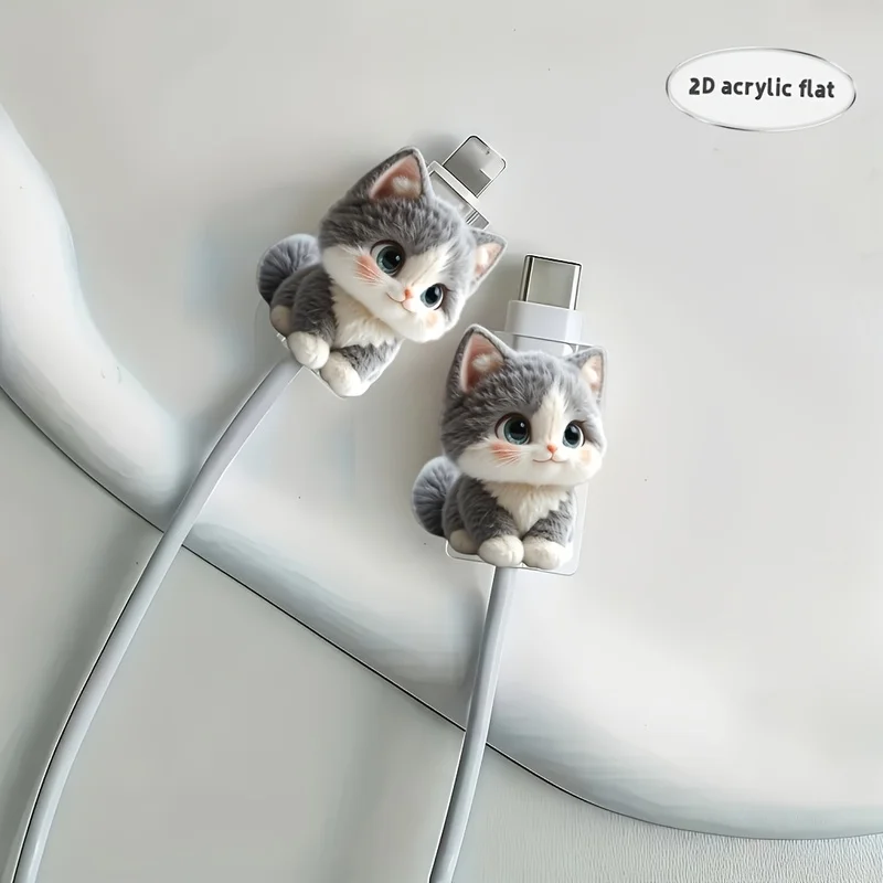 2Pcs 2D Cat Cable Protector, Plastic Anti-Break Sleeve for Type-C & Lightning Cord, Phone Tablet Accessory, Holiday Gift