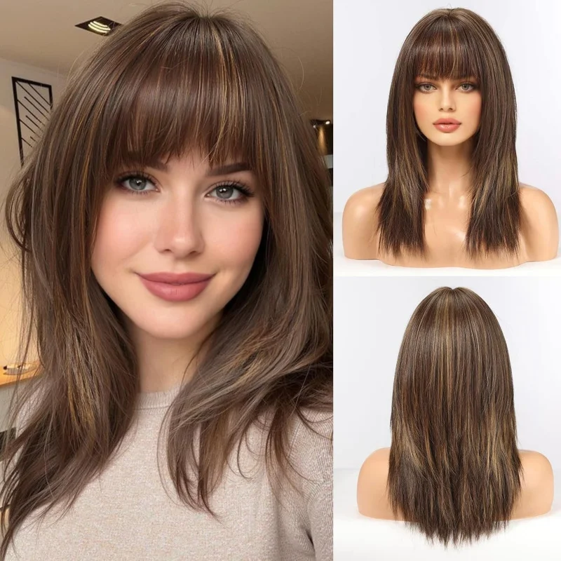 

Heat Resistant Hair Costume Wigs With Bangs Mixed Brown Bob Straight
