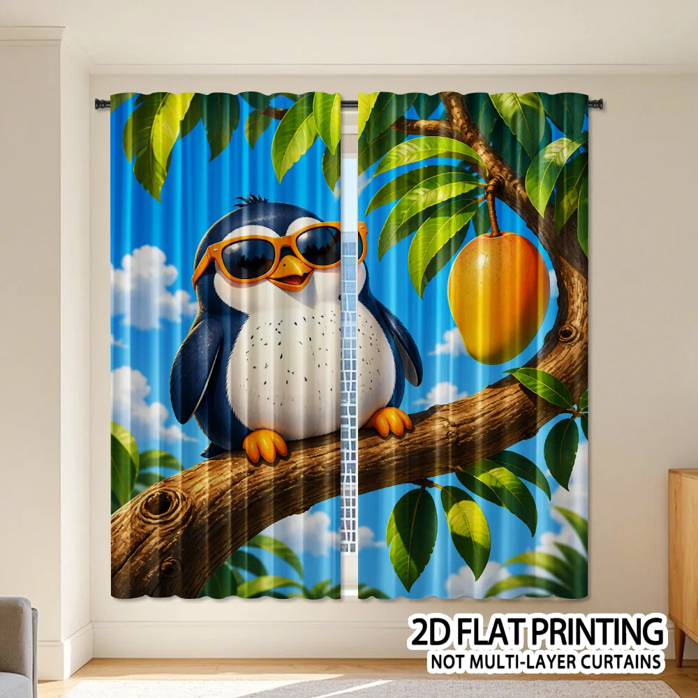 Bright Puffin Bird Cartoon Curtains Blue Sky Tropical Nature Window Drapes Coastal Wildlife Whimsical Nursery Room Home Decor