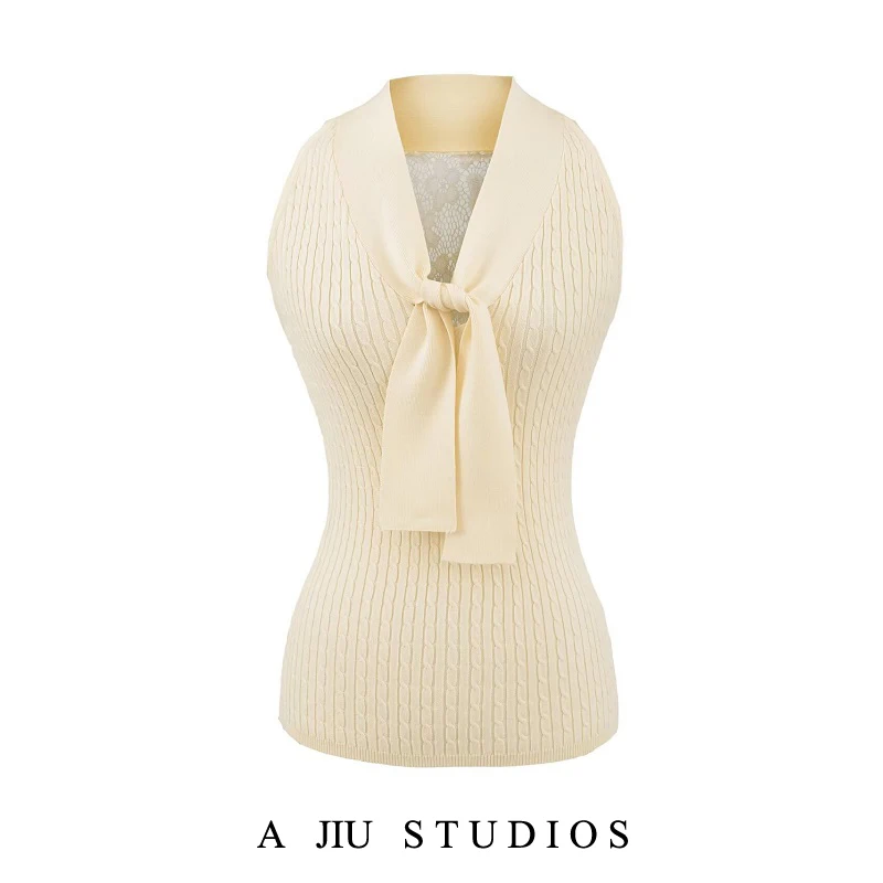 

Pure Desire Spicy Lace Patchwork Hanging Ne Knitted Vest Women's Design Summer Ele White Slim Svel Top