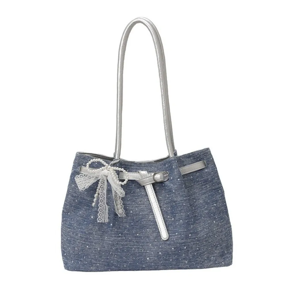 Elegant Denim Shoulder Bag Vintage Style Shining Surface Underarm Bag Large Capacity Waterproof Travel Handbag for Business