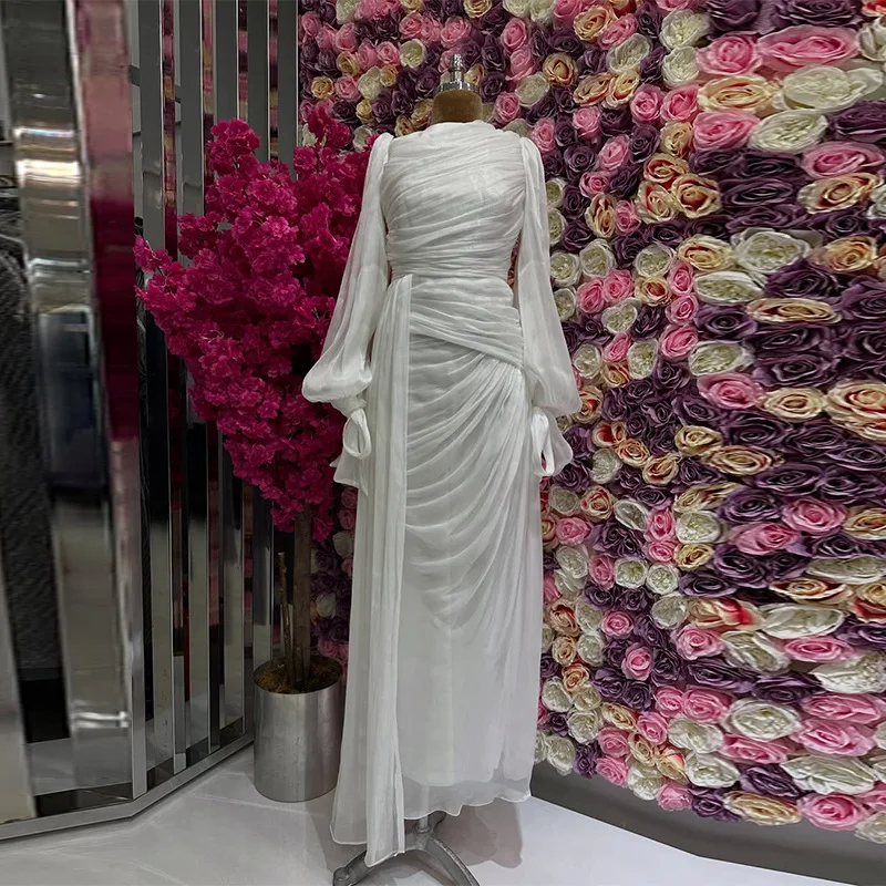 New Spring And Autumn Round Neck Pleated Fold Floor Length Party Dress Lantern Sleeves High Waist Vestido