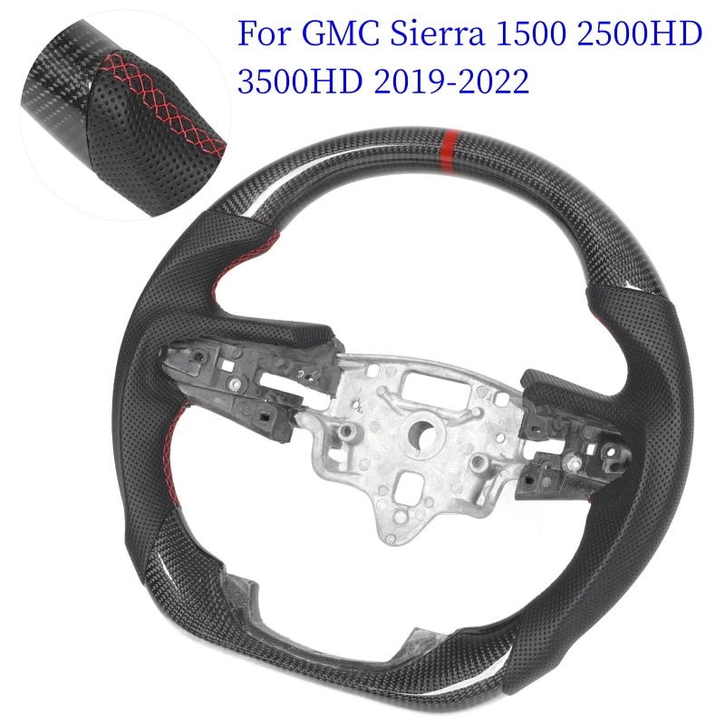 Car Steering Wheel Carbon Fiber for GMC Sierra 1500 2500HD 3500HD 2020‑2022 Leather Steering Wheel Replacement Car Accessories