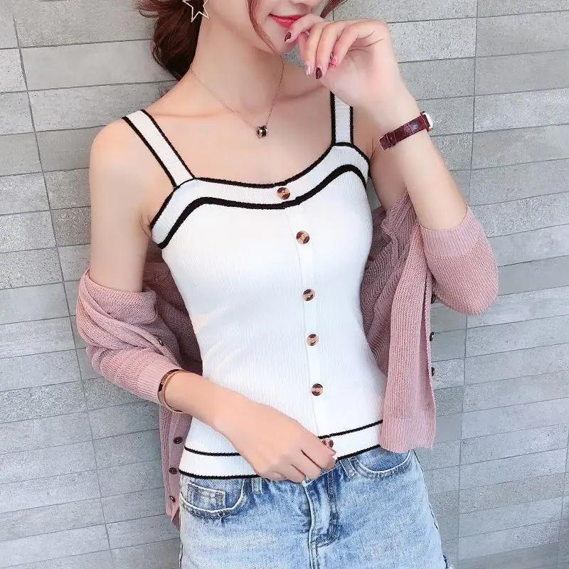 New Knit Tank Top Button Crop Tops Sexy Women Summer Camis Backless Camisole Fashion Casual Tube Female Sleeveless Cropped Vest