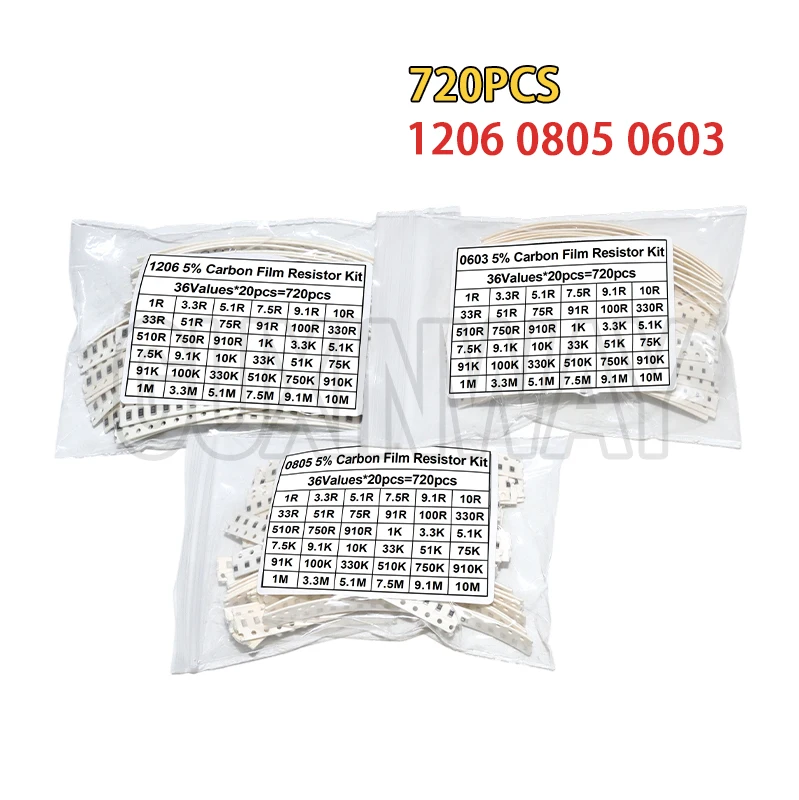 720pcs 0603 0805 1206 smd resistor kit 1R-100M 10K 100K 1K 1R 100R 220R 5% Electronic Set