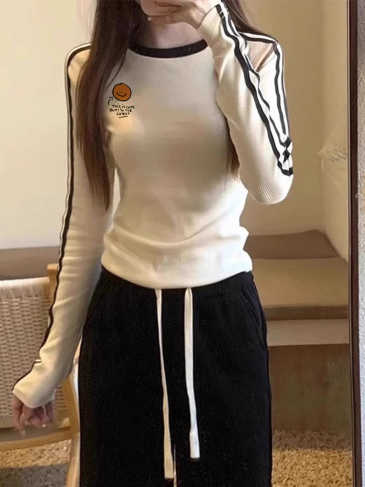 

Slim Fit Long Sve Cotton T-irt Women's Spring Autumn Milk Apricot Color Base irt oulder Insert Tee Bars Top